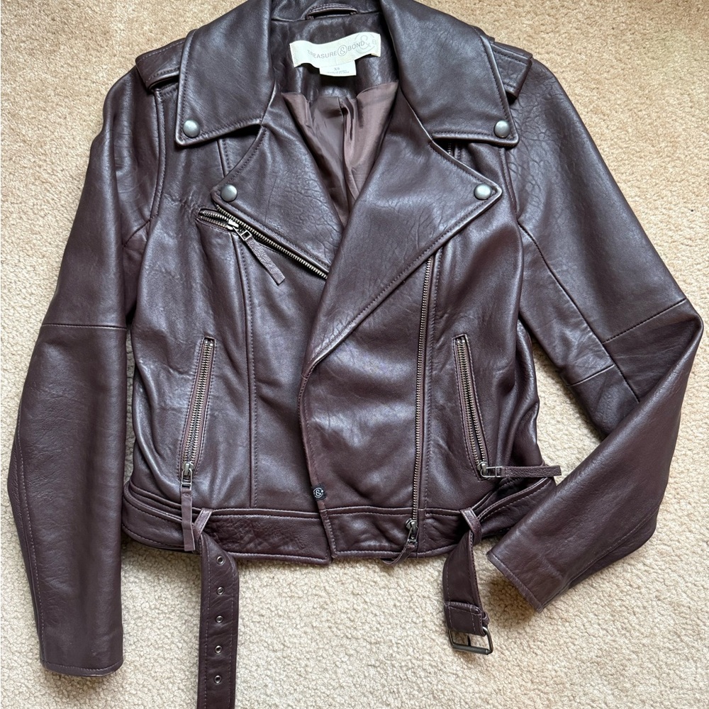 TREASURE & BOND Women's Brown Leather Moto Biker Jacket XS Like New